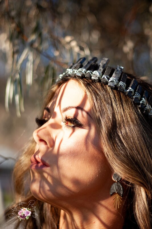 Makeup for Kamloops photoshoot. Dark and moody, Black dress, Crown, photoshoot with black balloons