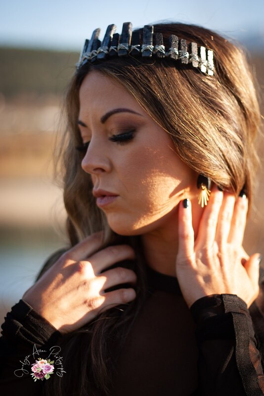 Makeup for Kamloops photoshoot. Dark and moody, Black dress, Crown, photoshoot with black balloons