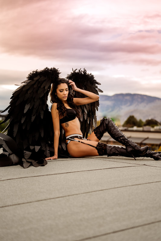 Boudoir photography, photoshoot with angel wings. Makeup for Kamloops photoshoot.